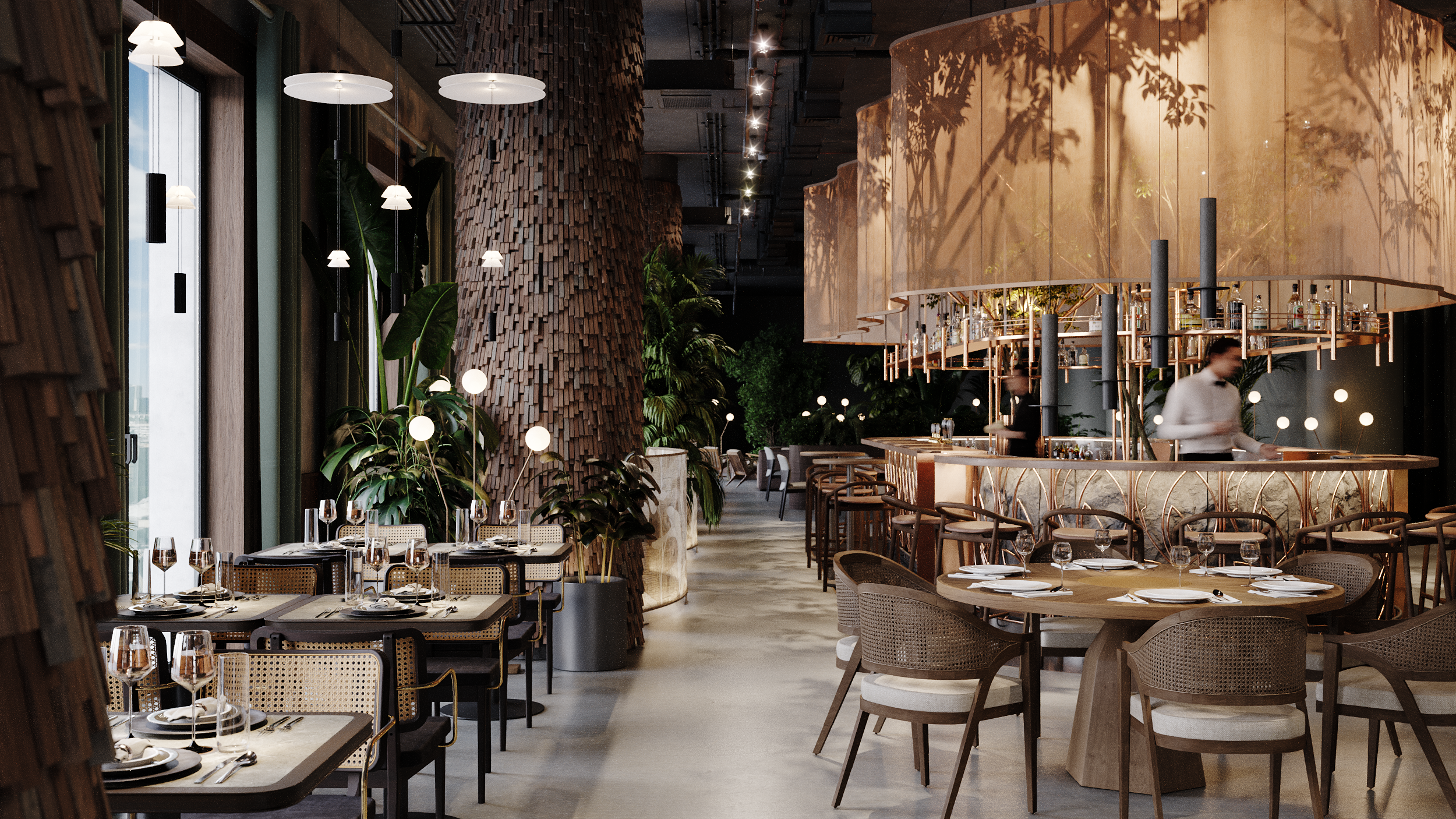 Restaurant panoramic view: set dining tables, bark-textured columns, bar with fabric canopy, warm ambient lighting and indoor plants